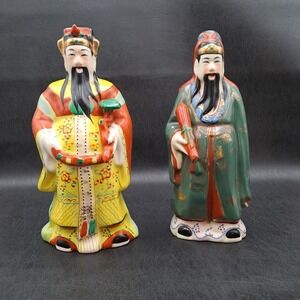 Vintage Chinese Porcelain Sanxing Fu Lu Shou Figurines Set of 2 Hand Painted 12"